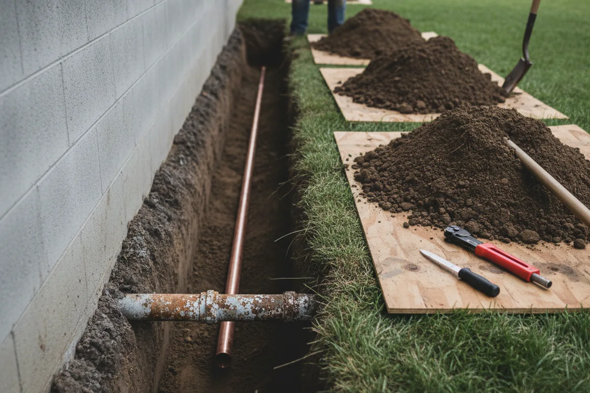 Excavated water line trench during Water Softener Installation in Trevor